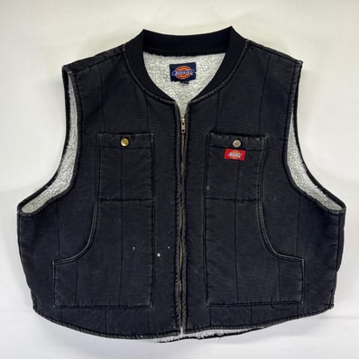古着 ディッキーズ Dickies ダック ベスト ワンポイントロゴ フルジップ 大きいサイズ ボアライナー 2XL ブラック系 メンズ