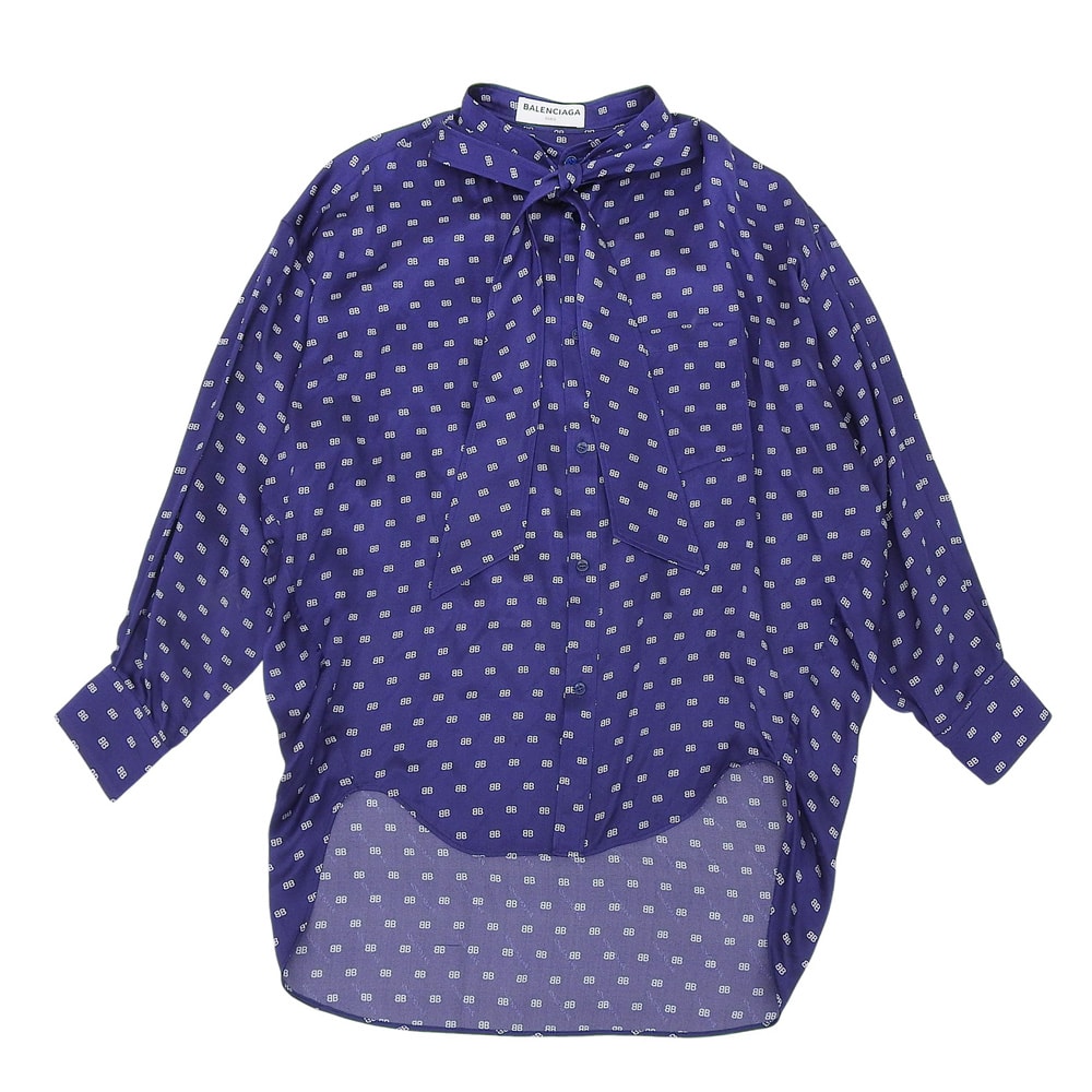 バレンシアガ シルク100% ボウタイ BBロゴ シャツブラウス トップス レディース ネイビー 34 503061 17年 34