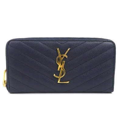 サンローラン SAINT LAURENT ラウンドファスナー長財布 レザー ネイビー ゴールド ユニセックス【中古】 h32584j