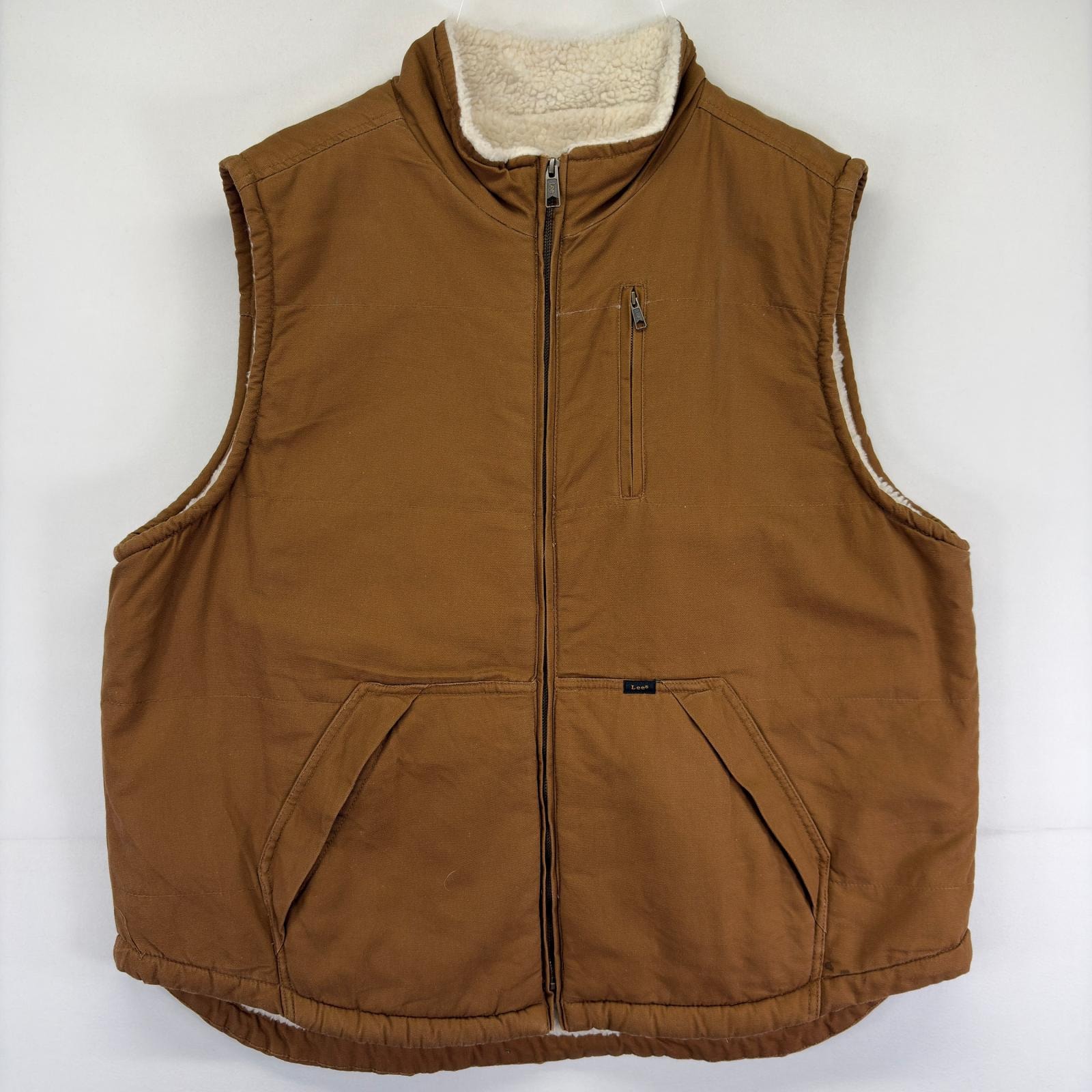 古着 リー Lee ダック ベスト フルジップ 大きいサイズ ロゴ ワーク ワンポイント 裏地ボア 2XL  ブラウン メンズ