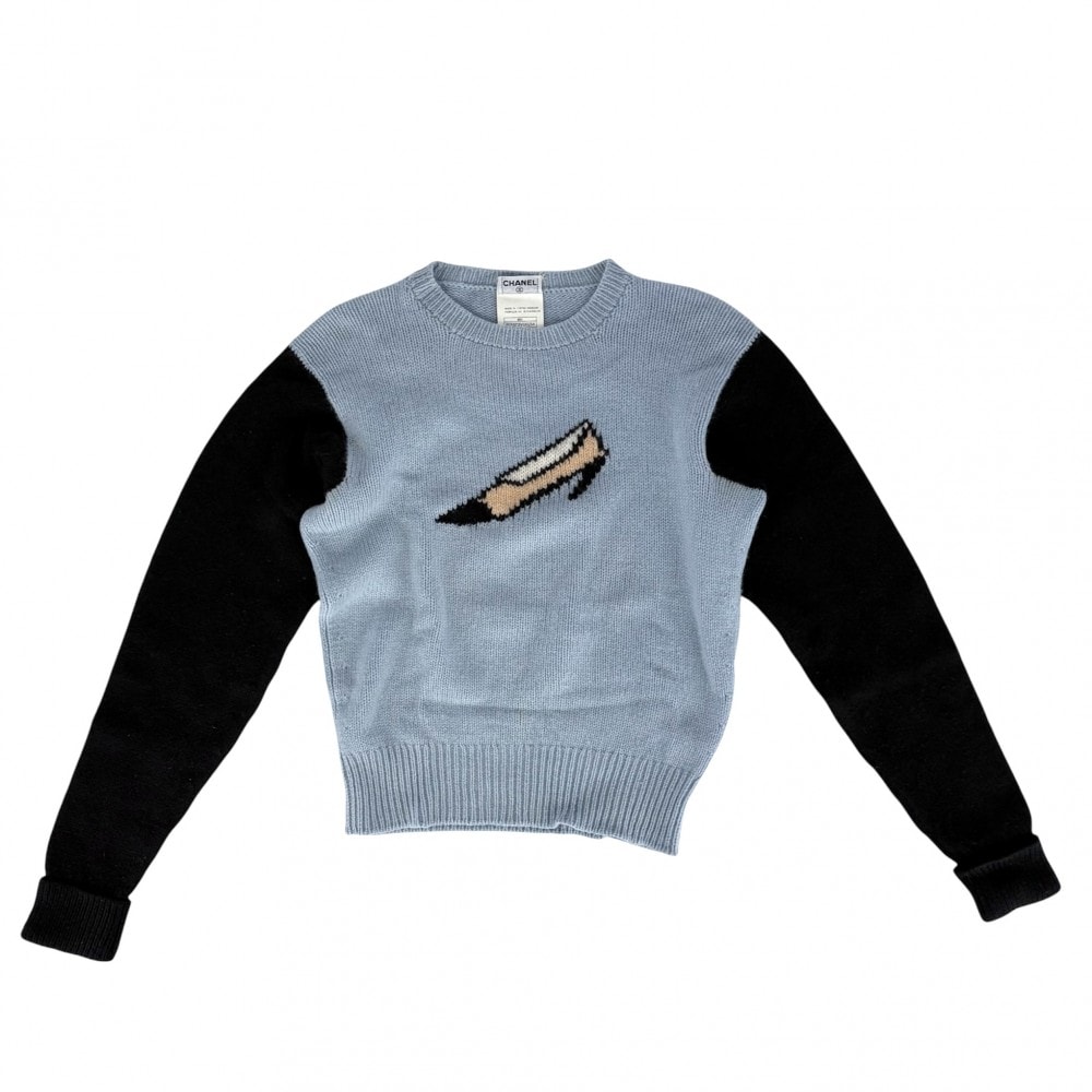 CHANEL シャネル ニット ココマーク パンプス柄 服 アパレル トップス ヴィンテージ 38 ライトブルー ブラック 黒 カシミヤ    レディース 秋 冬 1995年【中古品】