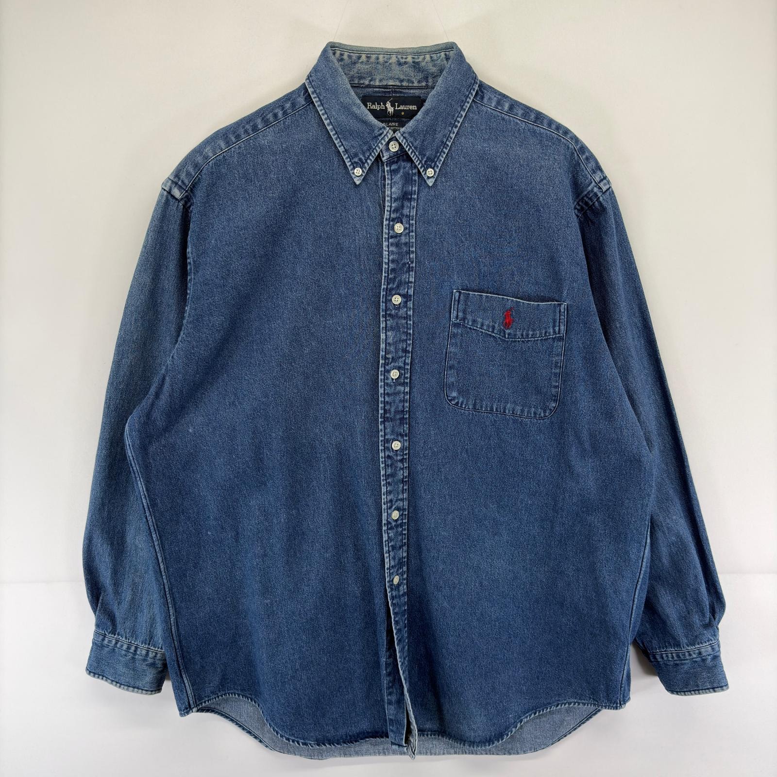 古着 ラルフローレン RALPH LAUREN デニム 長袖シャツ ワンポイント BLAIRE ボタンダウン 胸ポケット L  ブルー系 メンズ