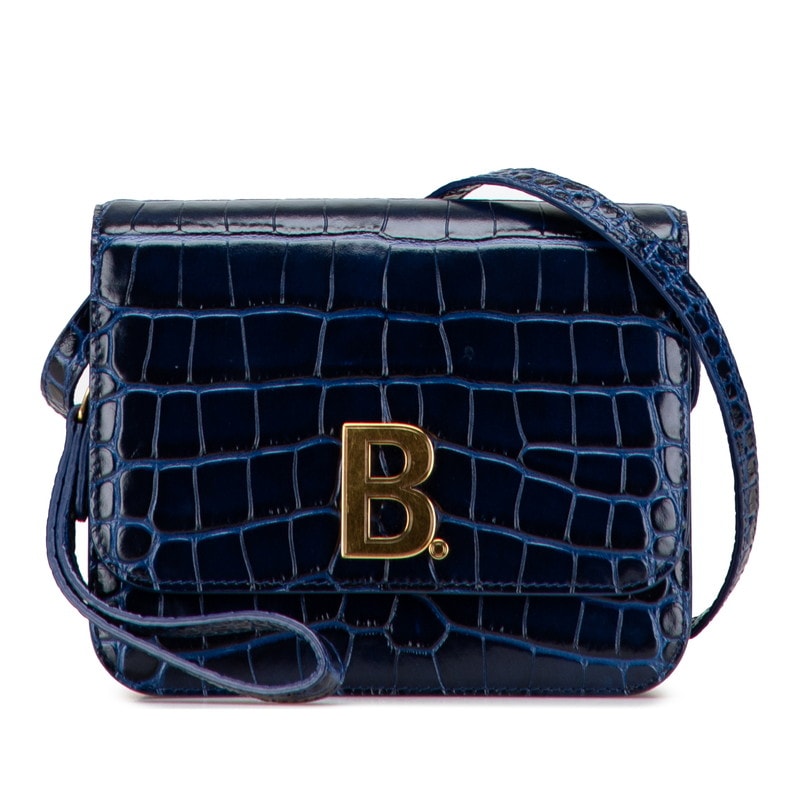 バレンシアガ Bロゴ クロコ型押し ショルダーバッグ 592898 ネイビー レザー レディース BALENCIAGA 【中古】