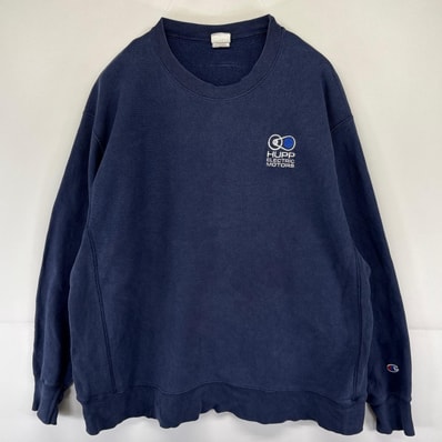 古着 チャンピオン Champion スウェット クルーネック 大きいサイズ リバースウィーブ 企業ロゴ刺しゅう 2XL ネイビー系 メンズ