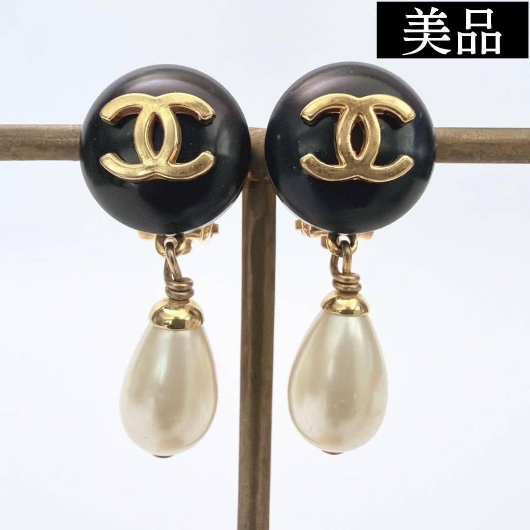 【美品】CHANEL Pre-Owned シャネル プレオウンド ココマーク パールイヤリング スイング ゴールド ブラック