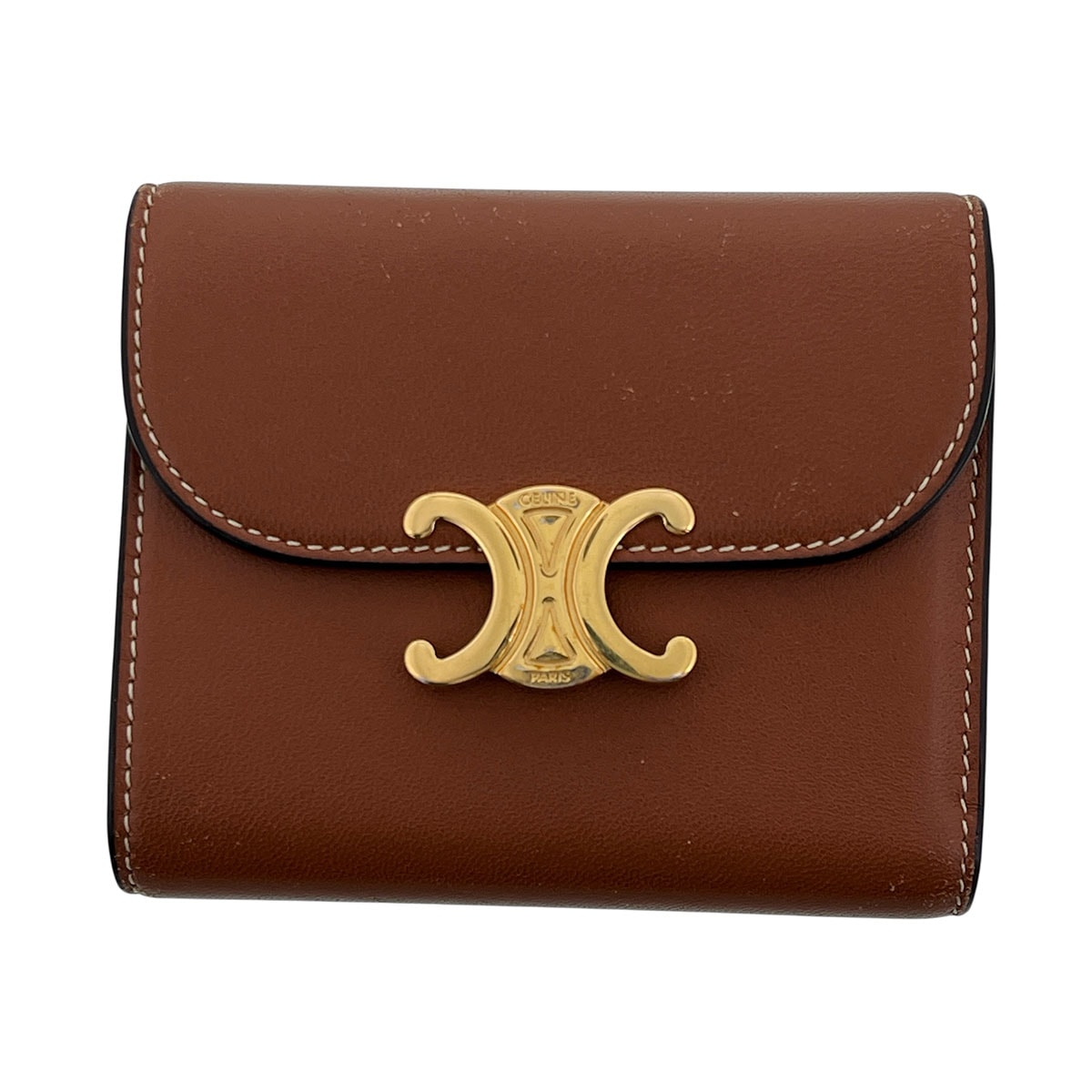 CELINE セリーヌ トリオンフ スモール フラップウォレット 三つ折り財布 10D783 レザー ブラウン  レディース【中古】
