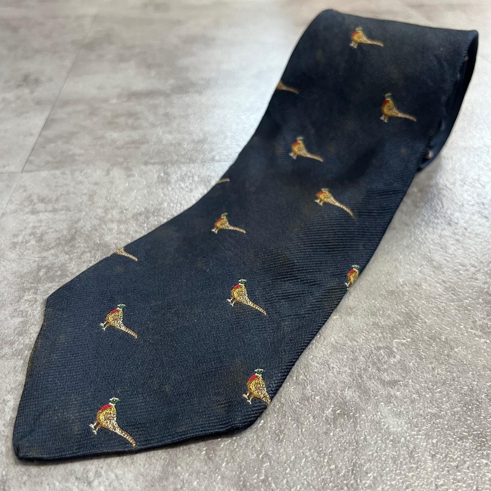 【Brooks Brothers】ブルックスブラザーズ 雉 キジ フェザント バード 鳥モチーフ 小紋柄 ネクタイ ネイビー シルク100% アメリカ製 メンズ