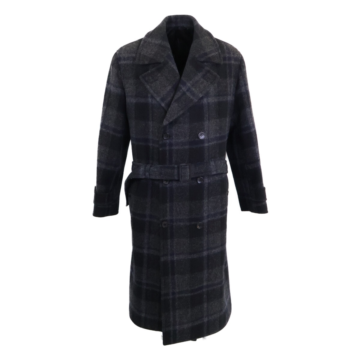 ルイヴィトン 国内正規 ウール100 ダブルブレスト チェック柄 ベルト付きコート 54