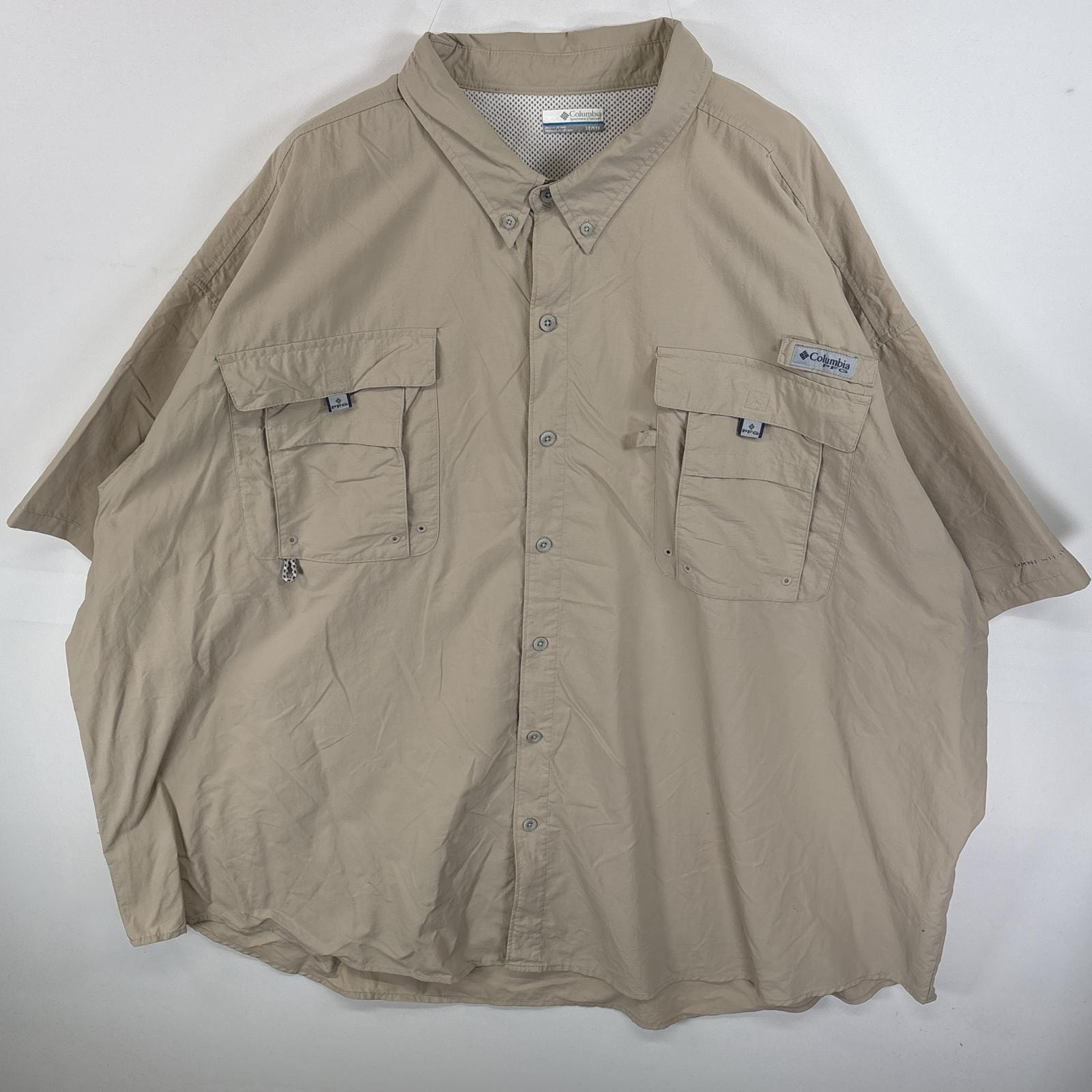 古着 コロンビア Columbia 半袖シャツ ボタンダウンシャツ PFG ワンポイント ロゴ 5X  ベージュ 無地 メンズ