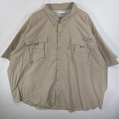 古着 コロンビア Columbia 半袖シャツ ボタンダウンシャツ PFG ワンポイント ロゴ 5X ベージュ 無地 メンズ