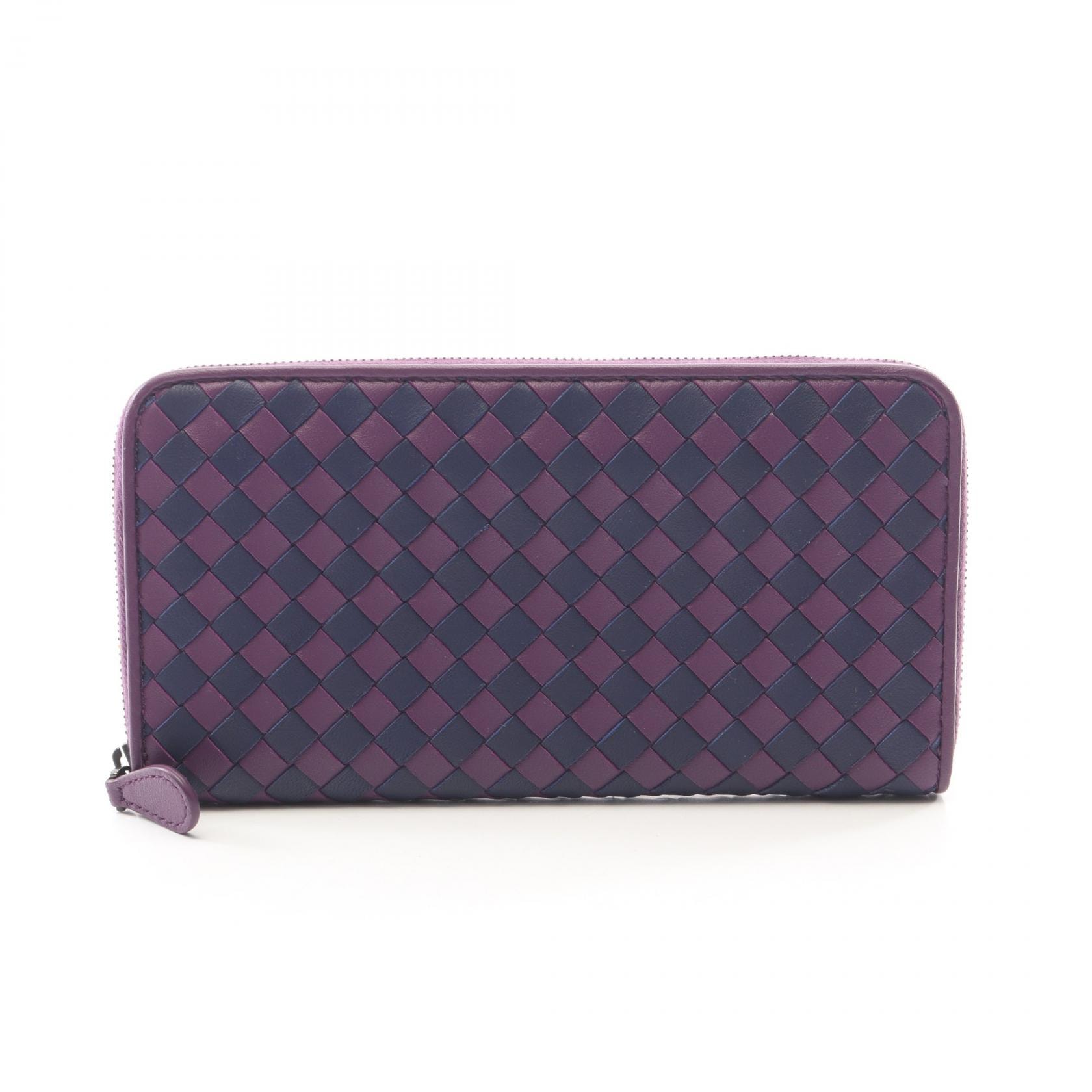 ボッテガヴェネタ BOTTEGA VENETA イントレチャート ラウンド長財布 財布 レザー レディース パープル系 / ブルー系 【中古】