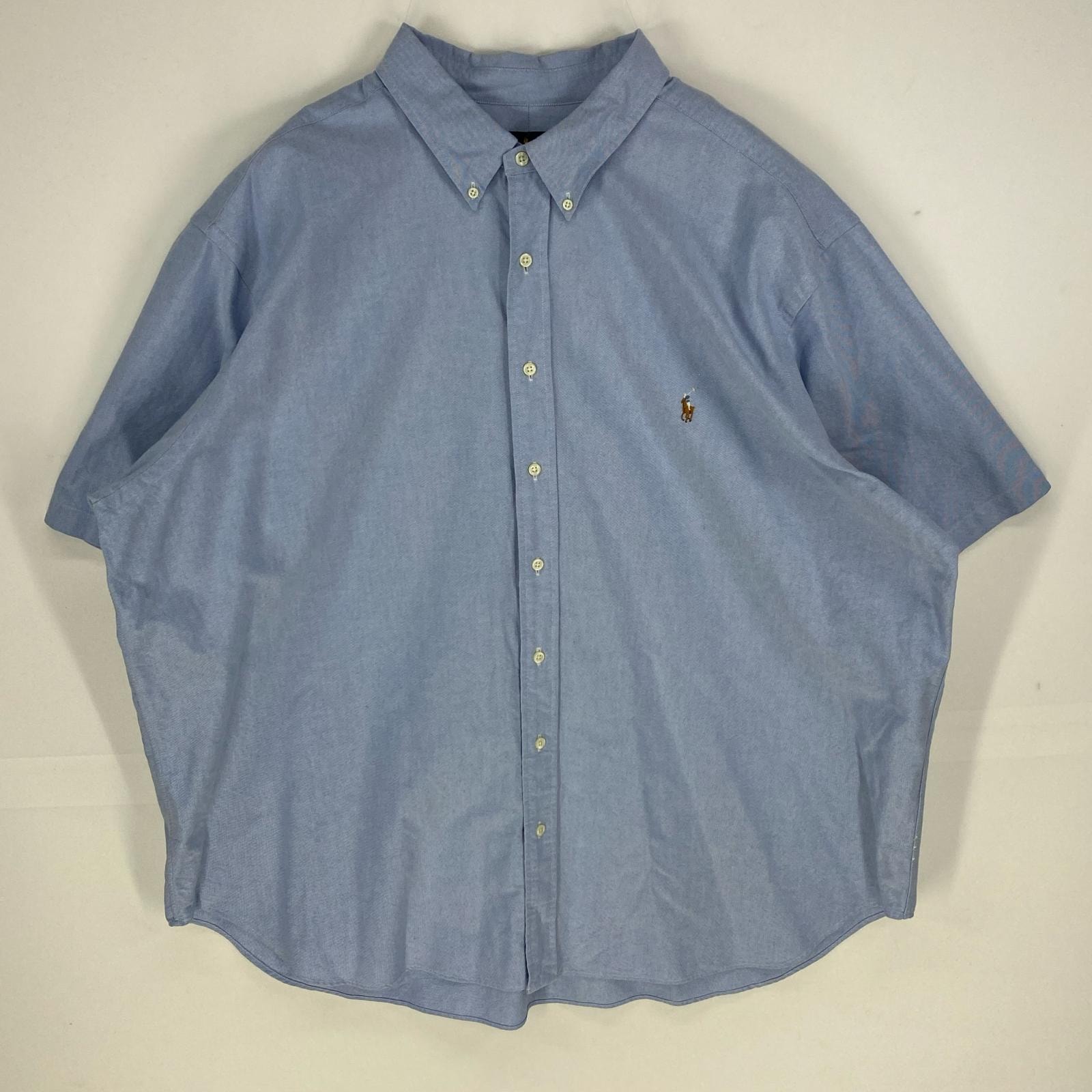 古着 ラルフローレン RALPH LAUREN 半袖シャツ ボタンダウン ワンポイント 刺繍ロゴ 大きいサイズ 3XB BIG  水色系 メンズ