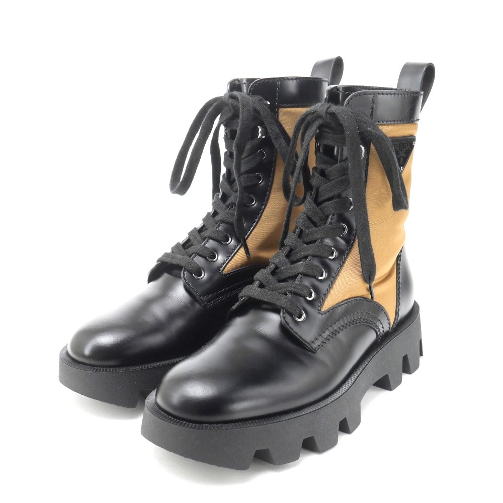 PRADA プラダ ブーツ サイズ6 トライアングルロゴ コンバット ブーツ レザー 靴 イタリア製 ブランド古着【中古】20250515/RA4805