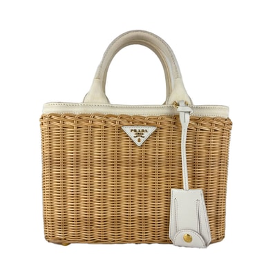 プラダ PRADA ショルダーバッグ カゴバッグ ハンドバッグ キャンバス/ラタン ナチュラル/アイボリー レディース【中古】 z10902