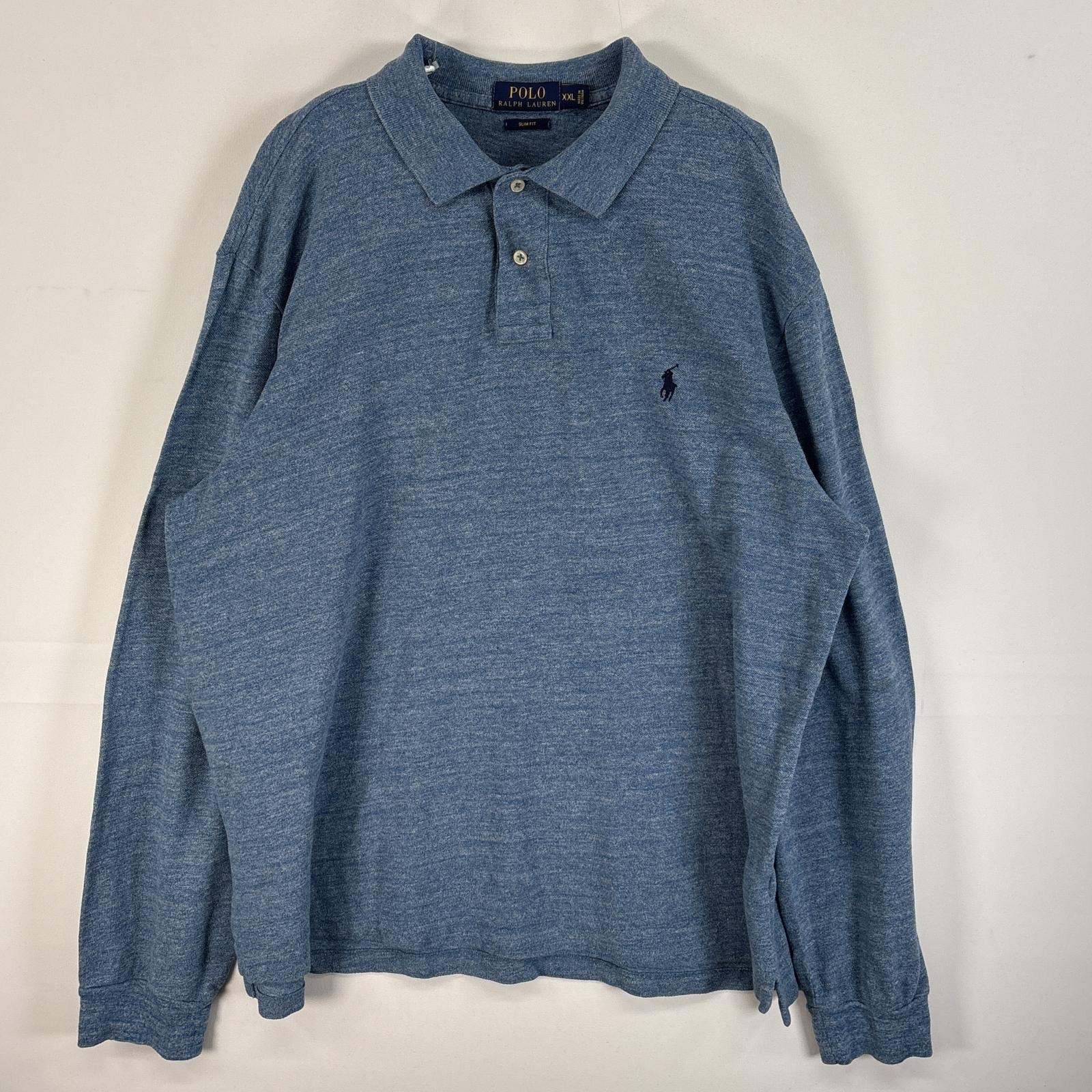 古着 ポロ・ラルフローレン POLO RALPH LAUREN 鹿の子 長袖 ポロシャツ ロゴ 刺繍 大きいサイズ 2ボタン 14041  ブルー 無地 メンズ
