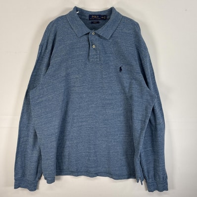 古着 ポロ・ラルフローレン POLO RALPH LAUREN 鹿の子 長袖 ポロシャツ ロゴ 刺繍 大きいサイズ 2ボタン 14041 ブルー 無地 メンズ