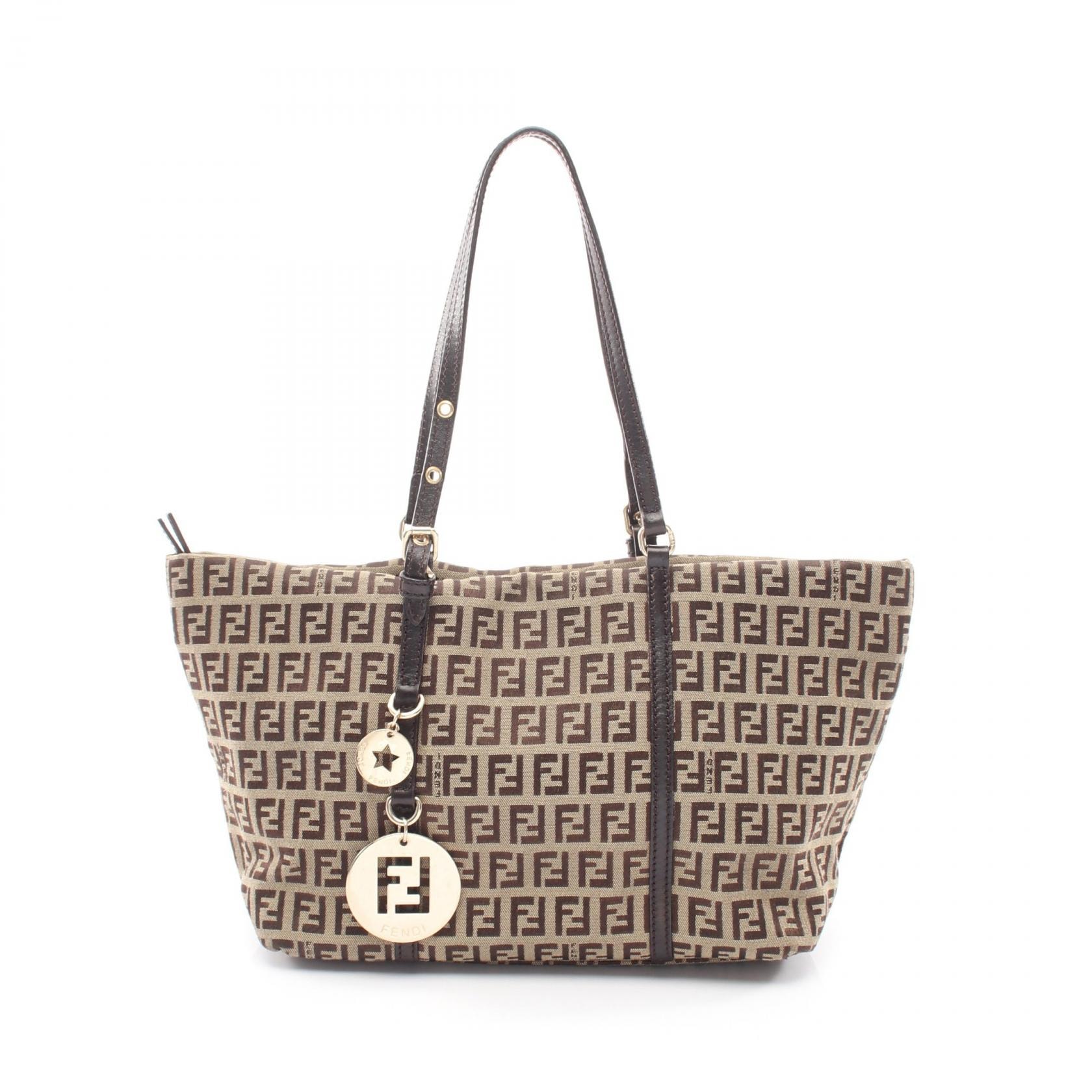 フェンディ FENDI ズッキーノ トートバッグ バッグ キャンバス レザー レディース ベージュ系 / ブラウン系 8BH214 【中古】
