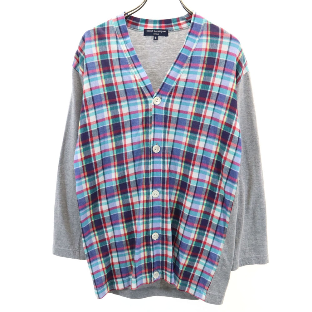 COMME des GARCONS HOMME コムデギャルソンオム 2011年製 日本製 チェック柄切替 7分袖 Vネック カーディガン S グレー 他