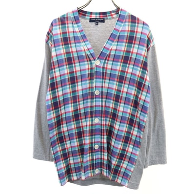 COMME des GARCONS HOMME コムデギャルソンオム 2011年製 日本製 チェック柄切替 7分袖 Vネック カーディガン S グレー 他