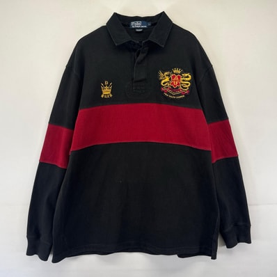 古着 ポロ・ラルフローレン POLO RALPH LAUREN 長袖シャツ ラガーシャツ ワッペン 刺繍 ロゴ レッド L ブラック系 ボーダー メンズ