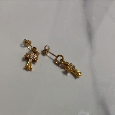 Chrome Hearts 22K CH Cross Baby Fat Earrings w/ Diamond Pave (CH Specification) "Gold"