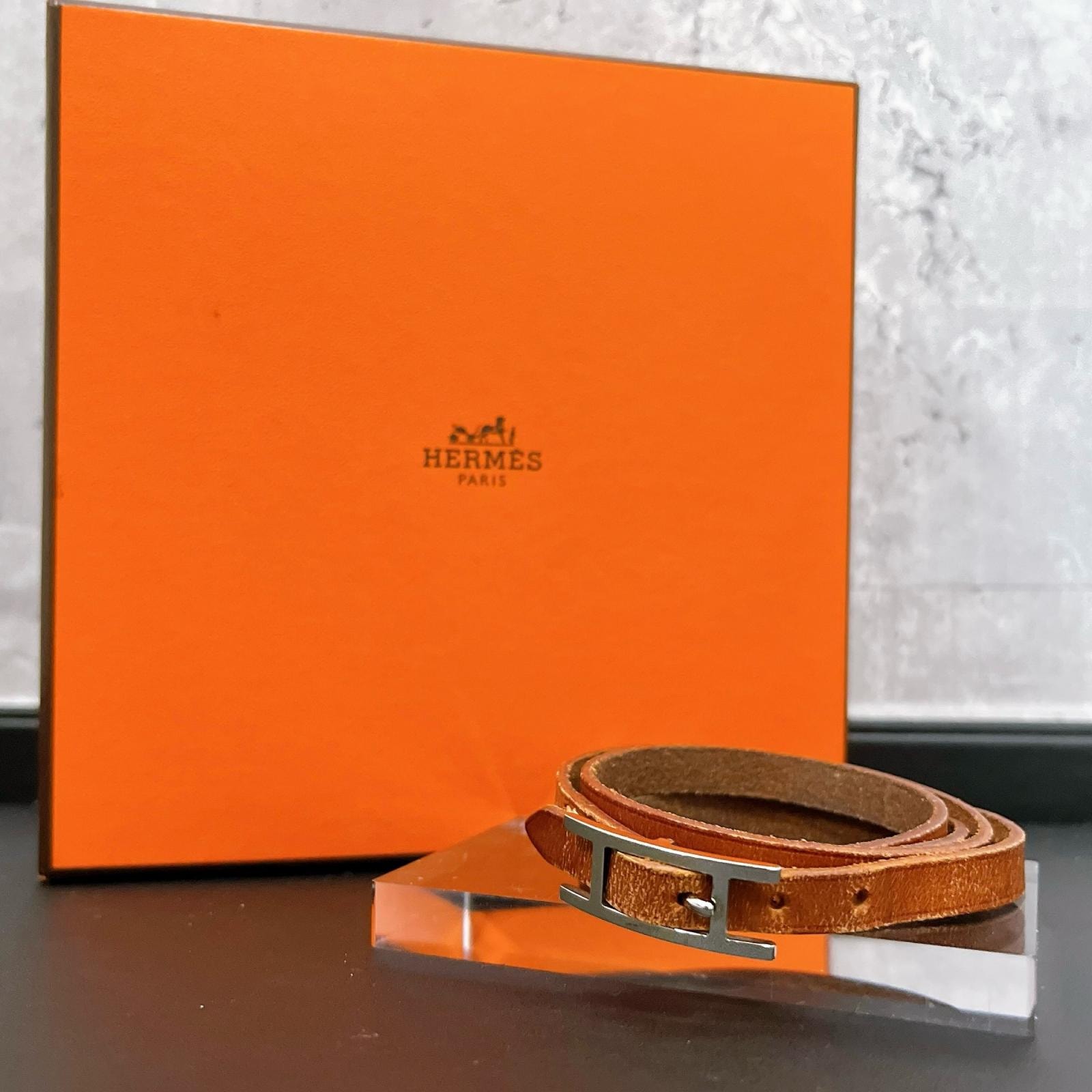 【HERMES】エルメス アピ ブレスレット 箱付き レザー Hバックル H金具 ロゴ ベルト型 ストラップ 多重巻き ブラウン シルバー金具 細幅