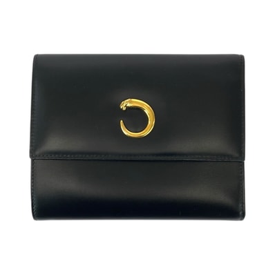 美品 CARTIER カルティエ パンテール パンサー ブラック 黒 ゴールド金具 レザー 折財布 コンパクウォレット 600067 【中古】