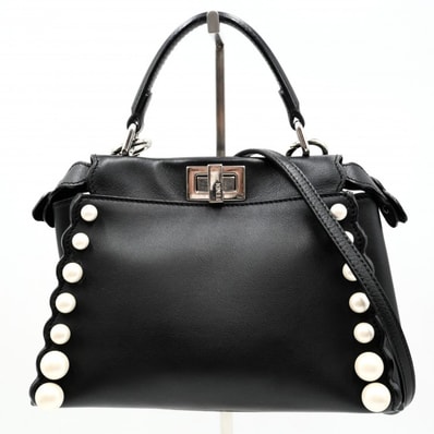 FENDI(フェンディ)ピーカブー ミニ ハンドバッグ ショルダーバッグ ブラック レザー パール装飾 シルバー金具 2WAY レディース 【中古】