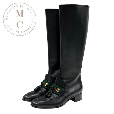 グッチ GUCCI ブーツ ロングブーツ 靴 シューズ レザー ブラック 黒 ゴールド タッセル シェリーライン