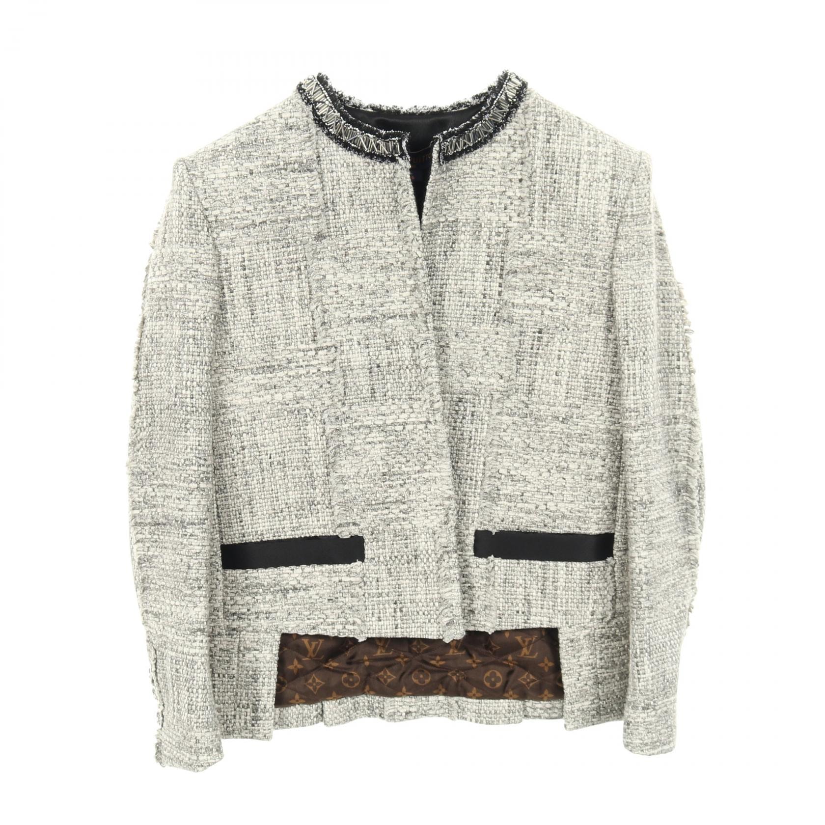 ルイ・ヴィトン LOUIS VUITTON ツイード ノーカラージャケット 衣料品 アウター ウール コットン / レーヨン レディース グレー系 / ブラック系 RW221B MR2 FMVB68 【中古】