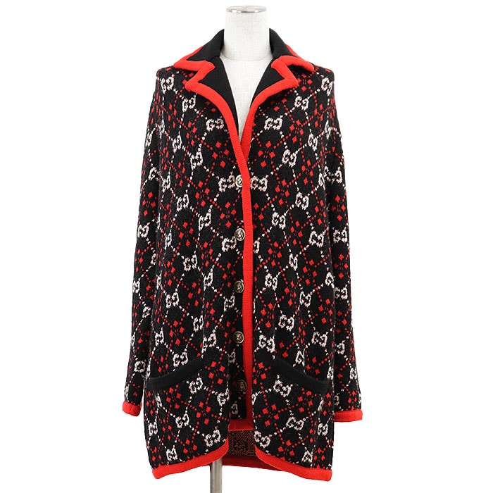 【新品同様】GUCCI グッチ ニットカーディガン 2018年製 GGスプリーム アルパカ × ウール タイガー 虎 メタルボタン リラックスフィット ローゲージ パイピングジャケット コート アウター タグ・ボタン付属 レディース S 黒 赤【中古】