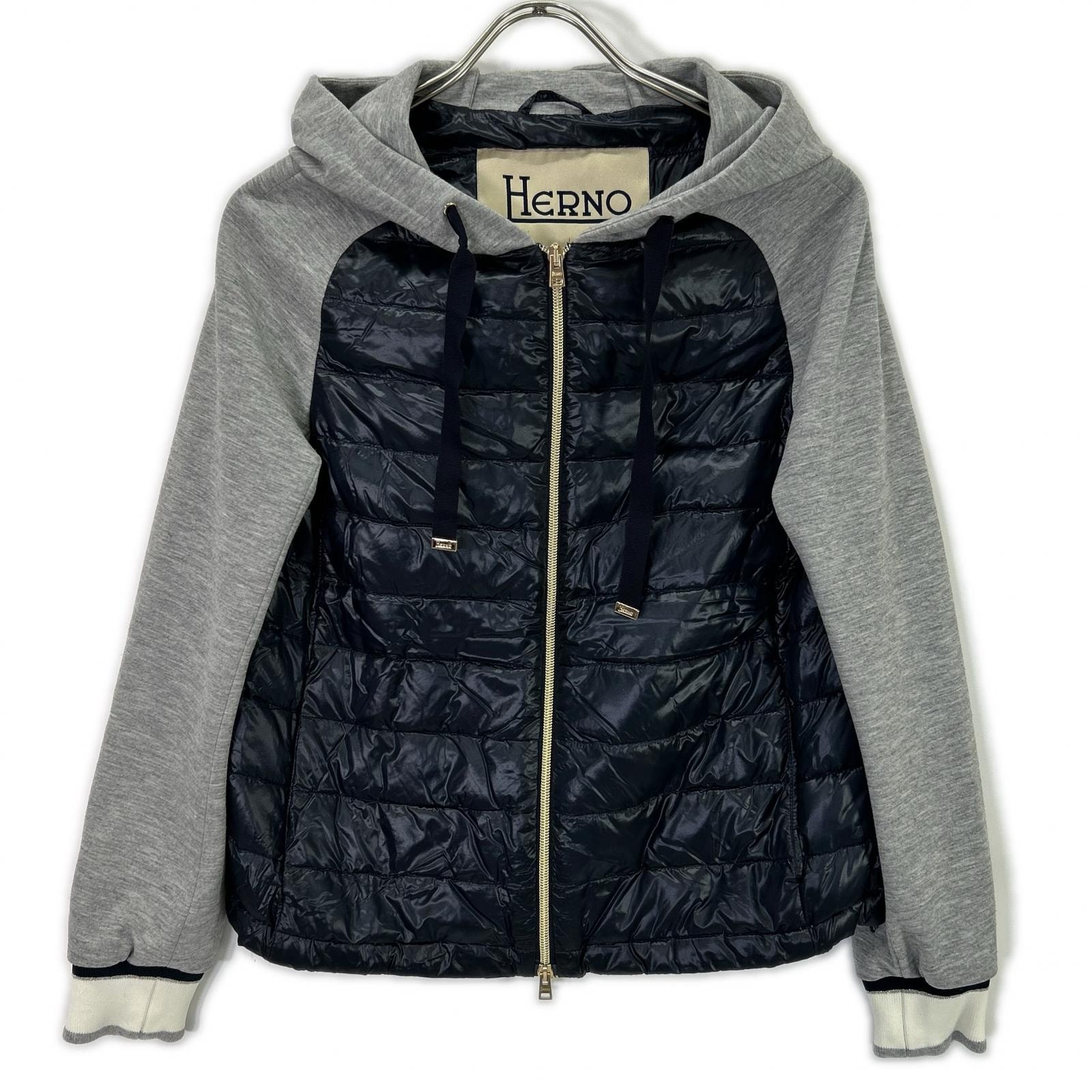 ヘルノ ネイビー×グレー PI0920D ダウン切り替え パーカー 38
