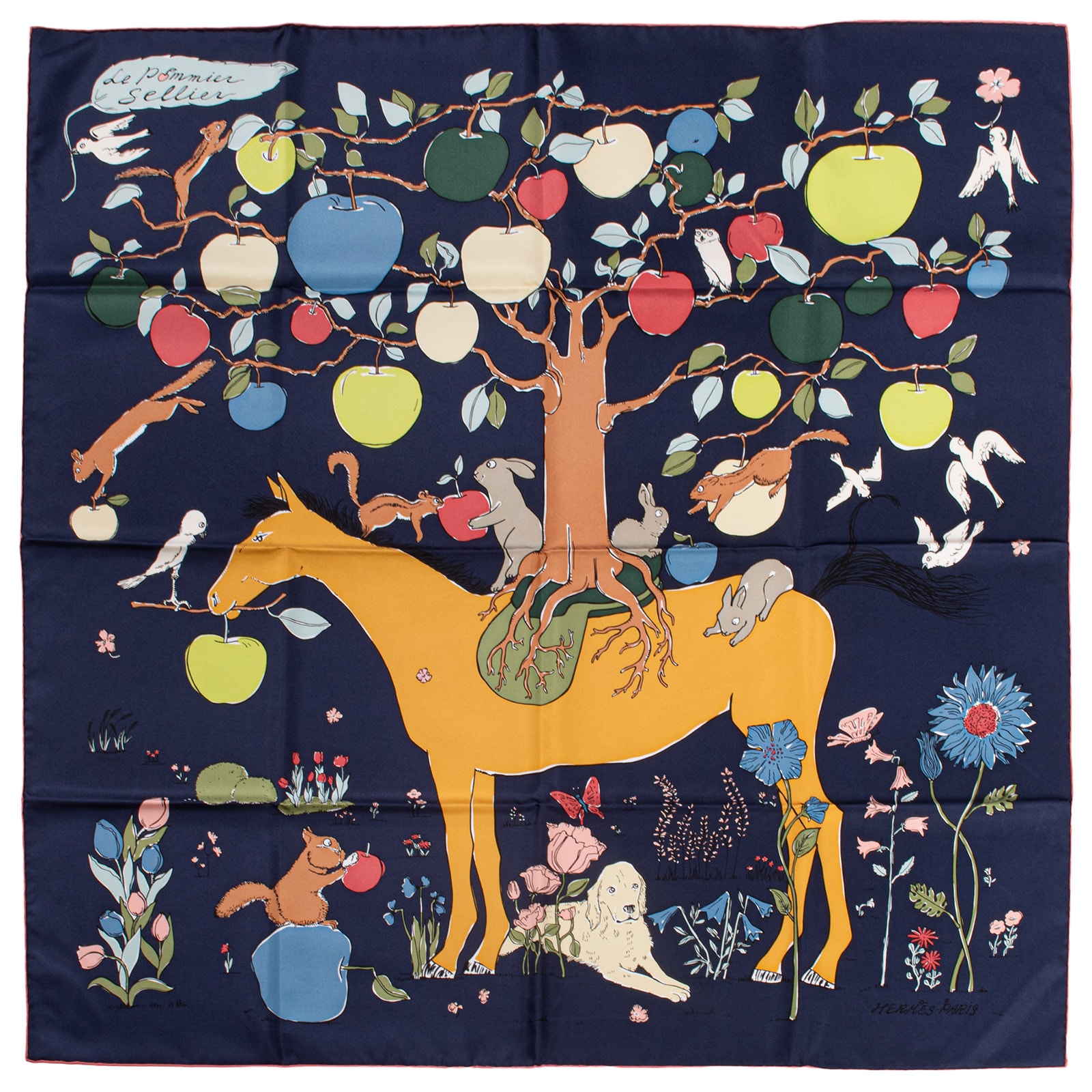 【未使用】HERMES エルメス カレ90 Le Pommier Sellier ル・ポミエ・セリエ スカーフ 004307S 10 シルク ネイビー マルチカラー【中古】