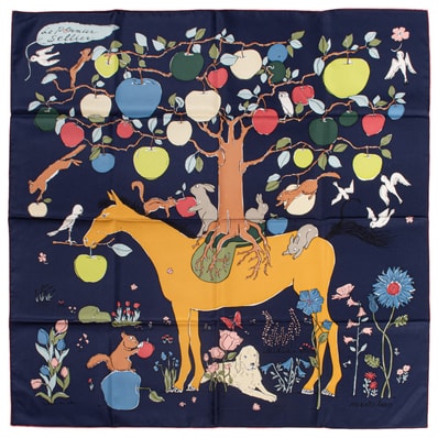 【未使用】HERMES エルメス カレ90 Le Pommier Sellier ル・ポミエ・セリエ スカーフ 004307S 10 シルク ネイビー マルチカラー【中古】