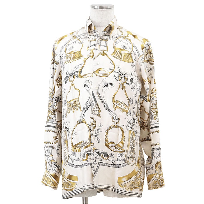 【美品】HERMES エルメス ヴィンテージ シャツ シルク100% ツイル ロゴ ゴールドボタン 総柄 ボタンダウン ロングスリーブ 長袖 トップス メンズ サイズ 39 アイボリー マルチカラー フランス製