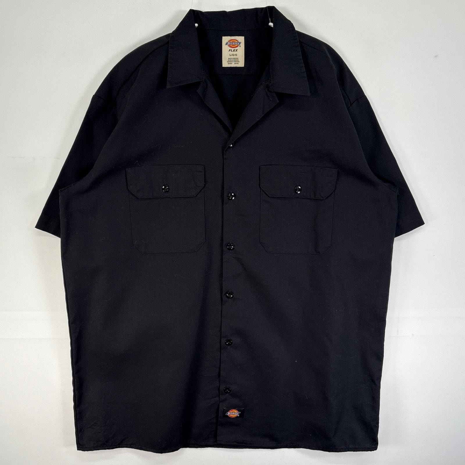 古着 ディッキーズ Dickies 半袖シャツ ワーク 作業着 フラップポケ ワンポイント ロゴ FLEX L ブラック 無地 メンズ