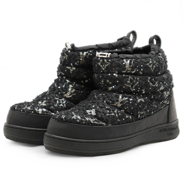 【極美品】LOUIS VUITTON ルイ・ヴィトン ショートブーツ サイズ 37 レディース スパンコール ロゴ ラバー シューズ 靴 ブラック 黒 イタリア製