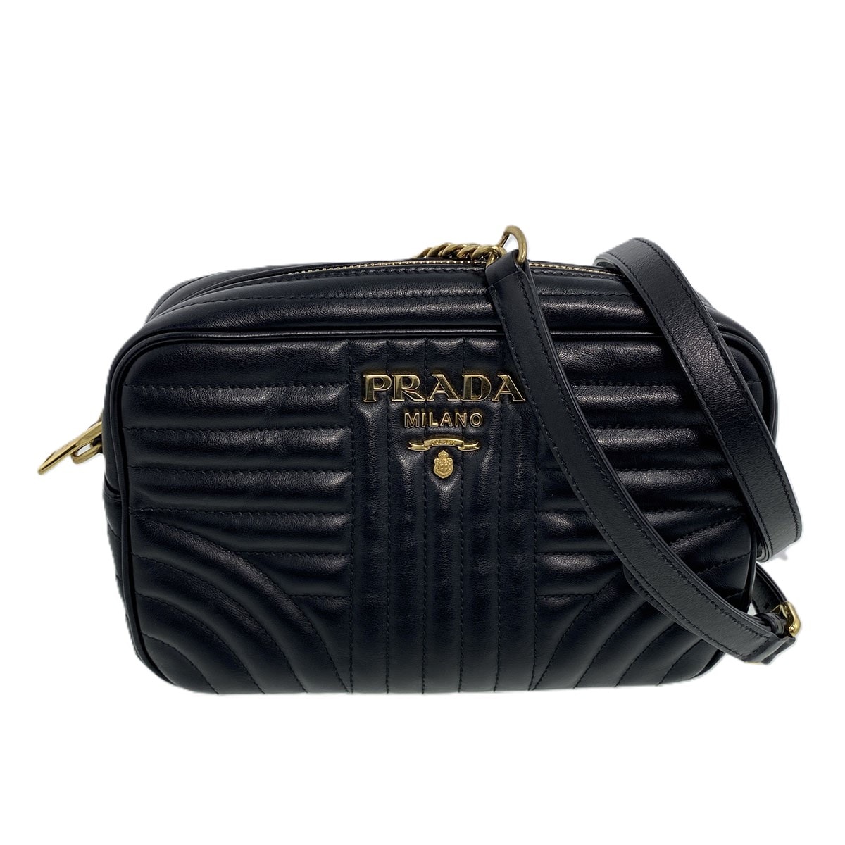 【最終値下げ】PRADA プラダ ダイアグラム チェーンショルダーバッグ 1BH083 レザー ブラック ゴールド金具  レディース【中古】