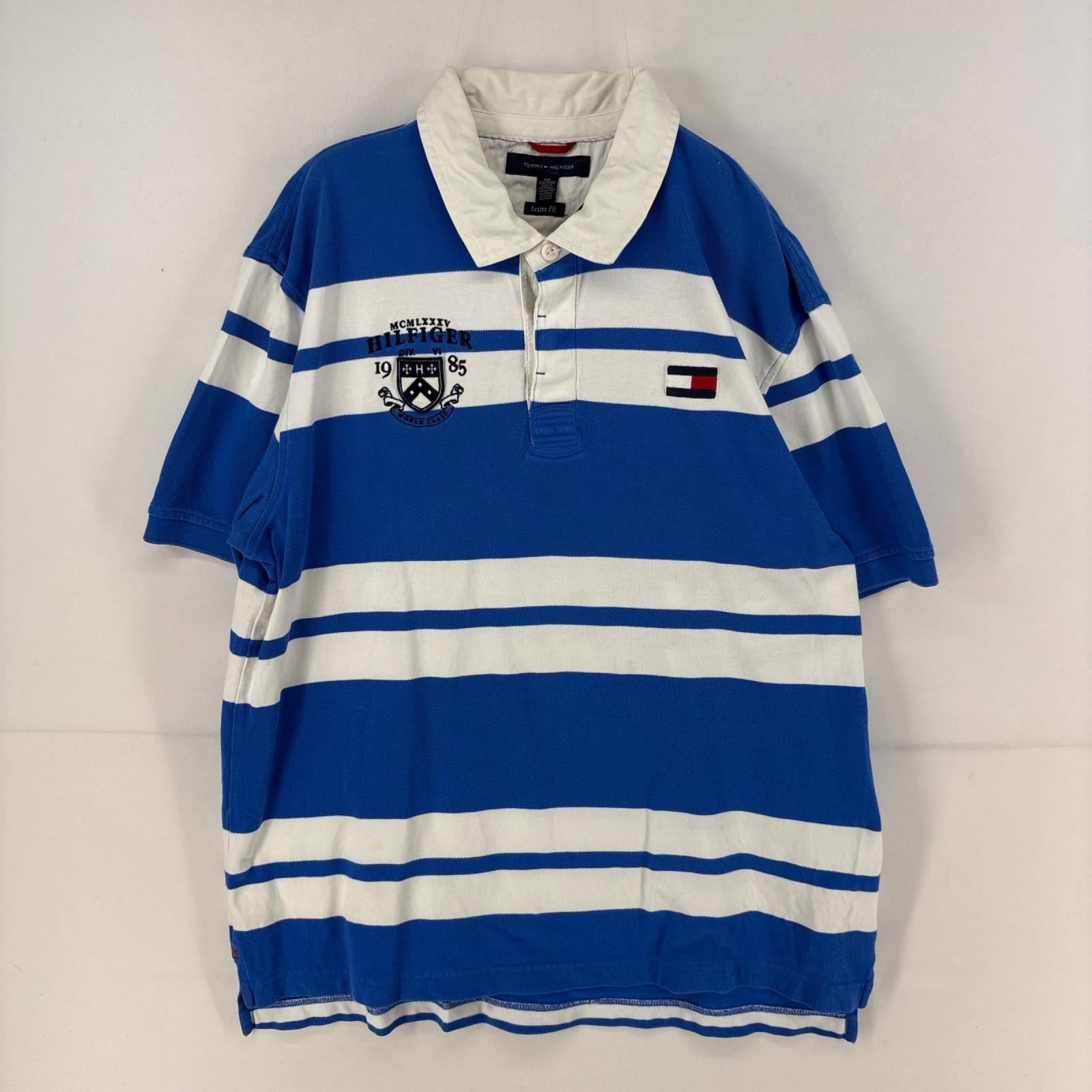 古着 トミーヒルフィガー TOMMY HILFIGER 半袖シャツ  刺繍 ポロシャツ ツートンカラー 大きいサイズ ラガーシャツ 2XL  ブルー メンズ