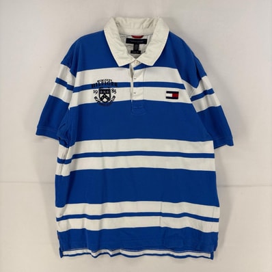 古着 トミーヒルフィガー TOMMY HILFIGER 半袖シャツ 刺繍 ポロシャツ ツートンカラー 大きいサイズ ラガーシャツ 2XL ブルー メンズ