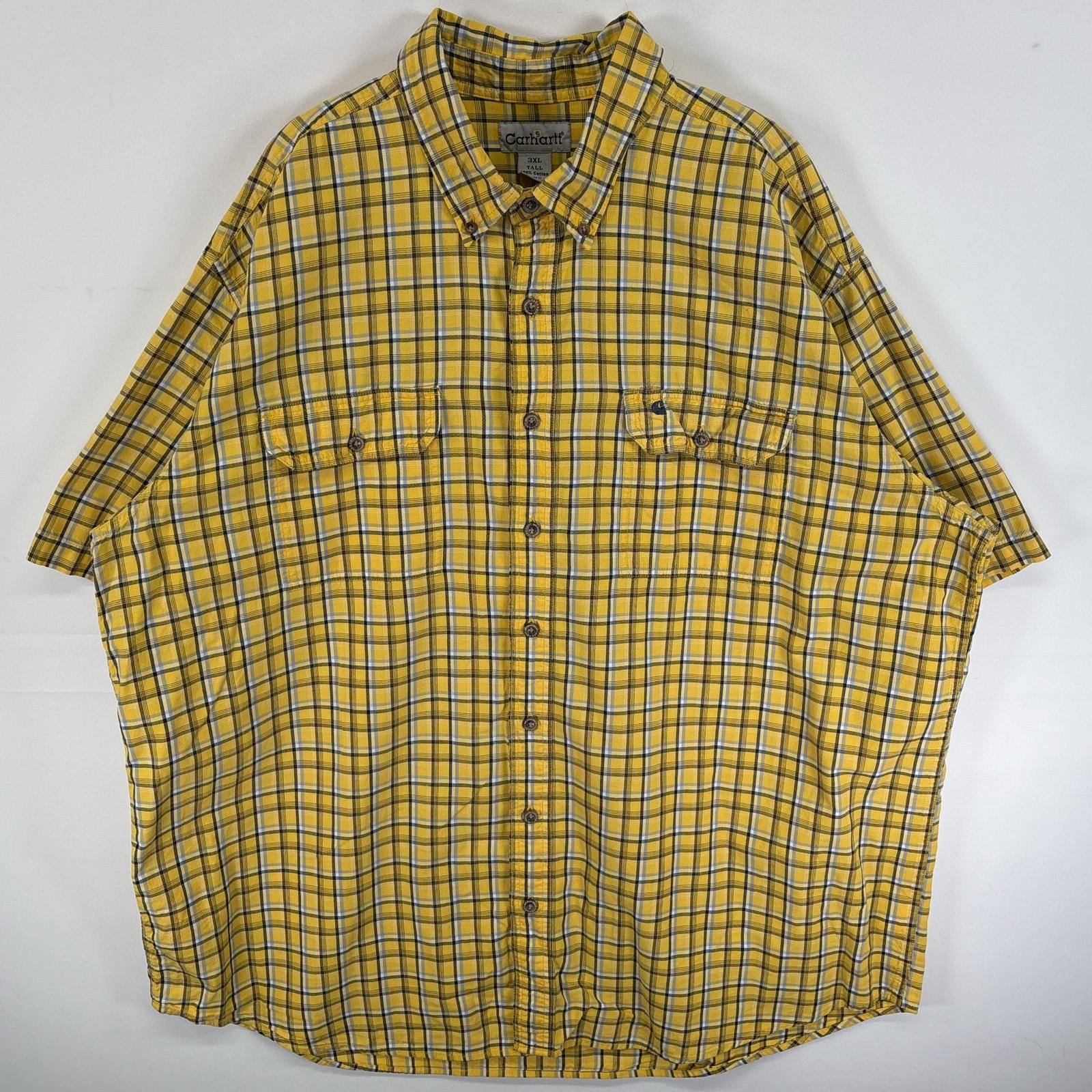 古着 カーハート Carhartt 半袖シャツ ボタンダウンシャツ ワンポイント ロゴ 刺繍 フラップポケ 3XL TALL  イエロー系 チェック メンズ