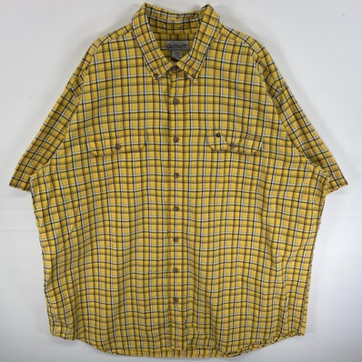 古着 カーハート Carhartt 半袖シャツ ボタンダウンシャツ ワンポイント ロゴ 刺繍 フラップポケ 3XL TALL イエロー系 チェック メンズ