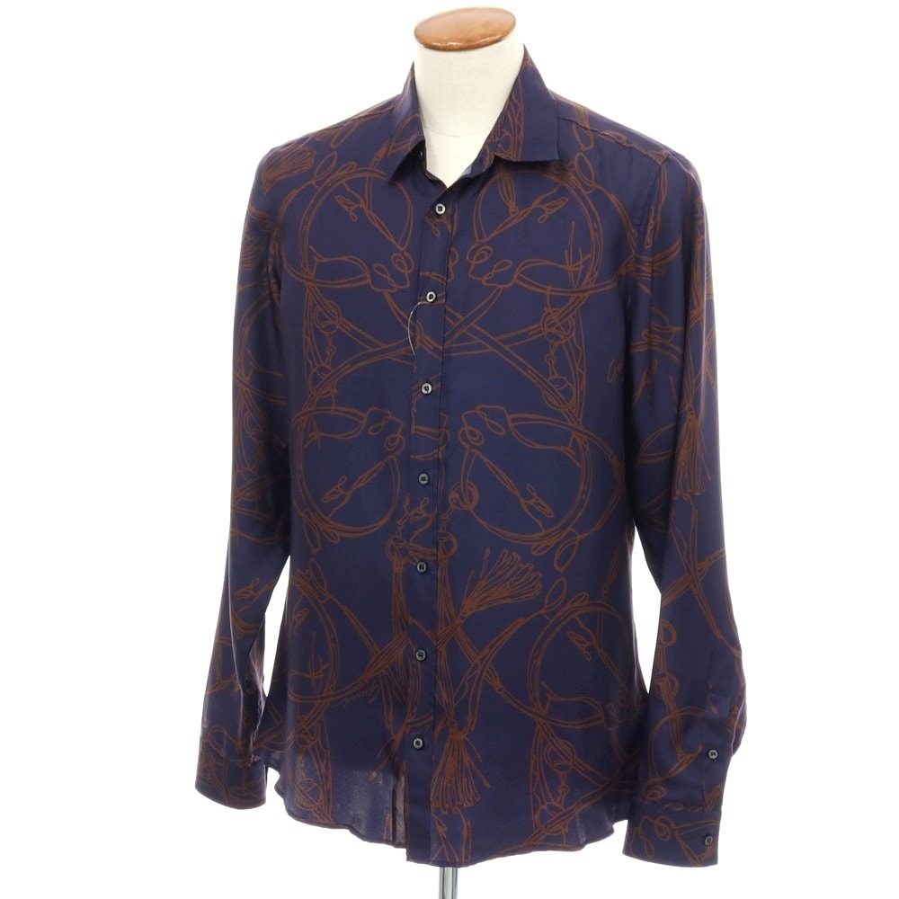 【中古】グッチ GUCCI シルク ホース プリント レギュラーカラー カジュアルシャツ ネイビーxブラウン【サイズ40】【メンズ】