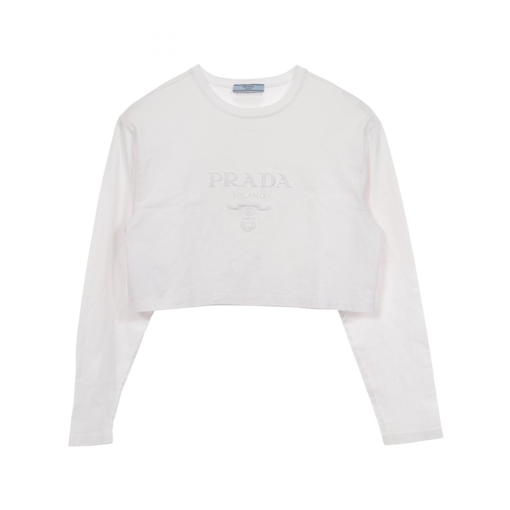プラダ PRADA ロゴ刺繍 クロップド 長袖Tシャツ 衣料品 トップス コットン レディース ホワイト系 【中古】