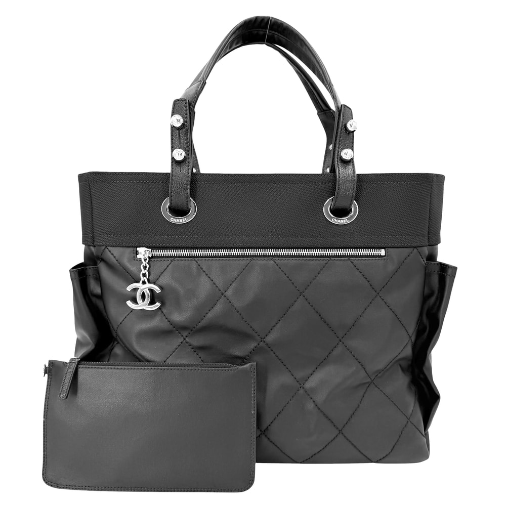 CHANEL シャネル トートバッグ パリビアリッツMM ハンドバッグ ココマーク 肩掛け ココマーク ポーチ付き コーティングキャンバス レザー ブラック 黒 シルバー金具 レディース【中古品】
