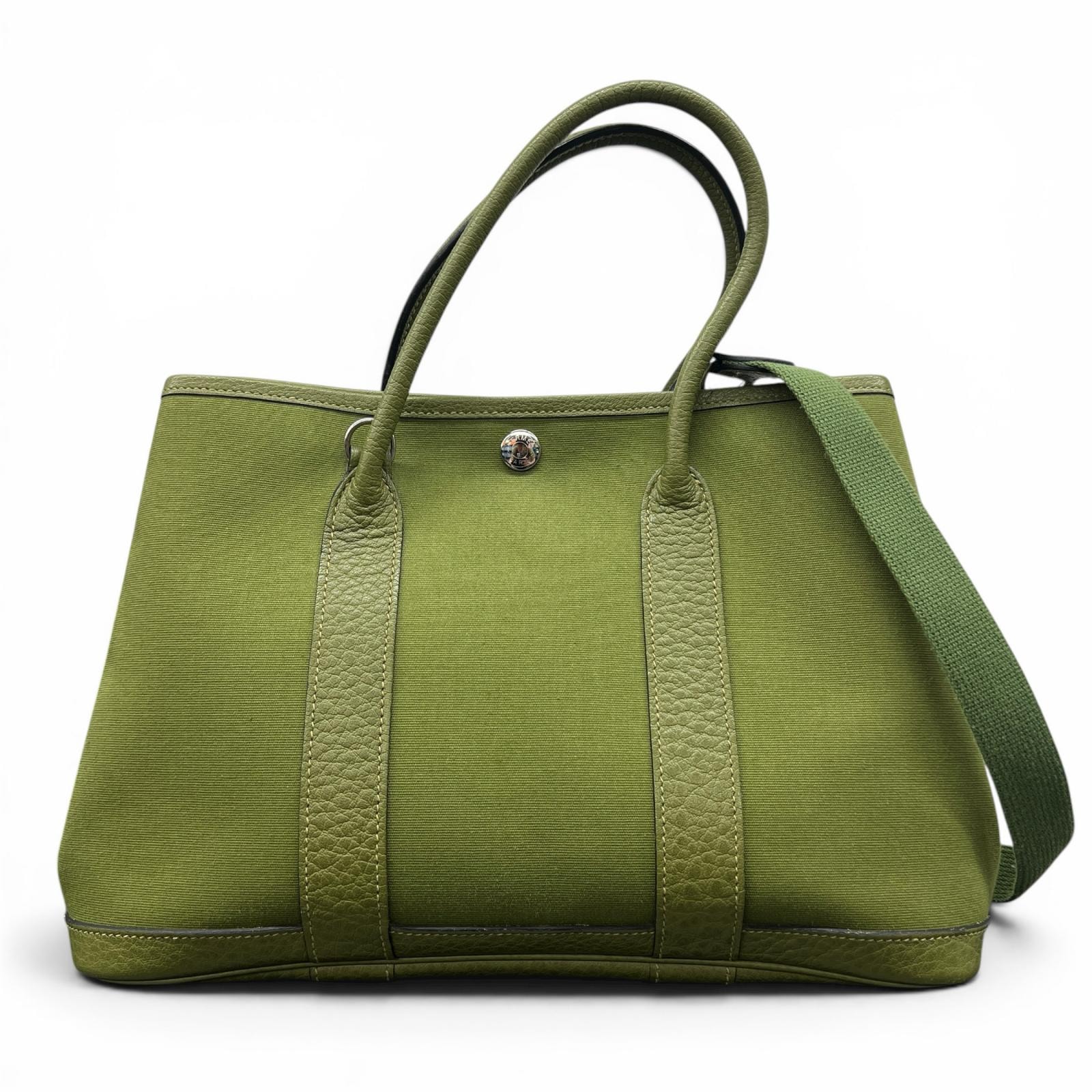 HERMES 美品 エルメス ガーデンパーティTPM 2way トートバッグ ショルダーバッグ トワルオフィシエ キャンバス レザー グリーン ハンドバッグ ABランク 中古 鑑定済 エルメスバッグ