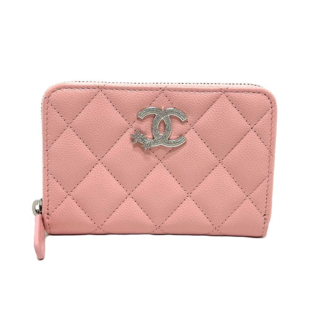 シャネル CHANEL ココスター マトラッセ ラウンド コンパクトウォレット 2つ折り財布 キャビアスキン ピンク 未使用