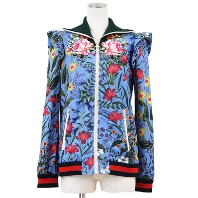 【極美品】GUCCI グッチ ブルゾン サイズ M レディース ジップアップ スパンコール フローラル 花柄 エンブロイダリー 刺繍 フリル コットン混 シェリーライン ウェブストライプ アウター マルチカラー イタリア製