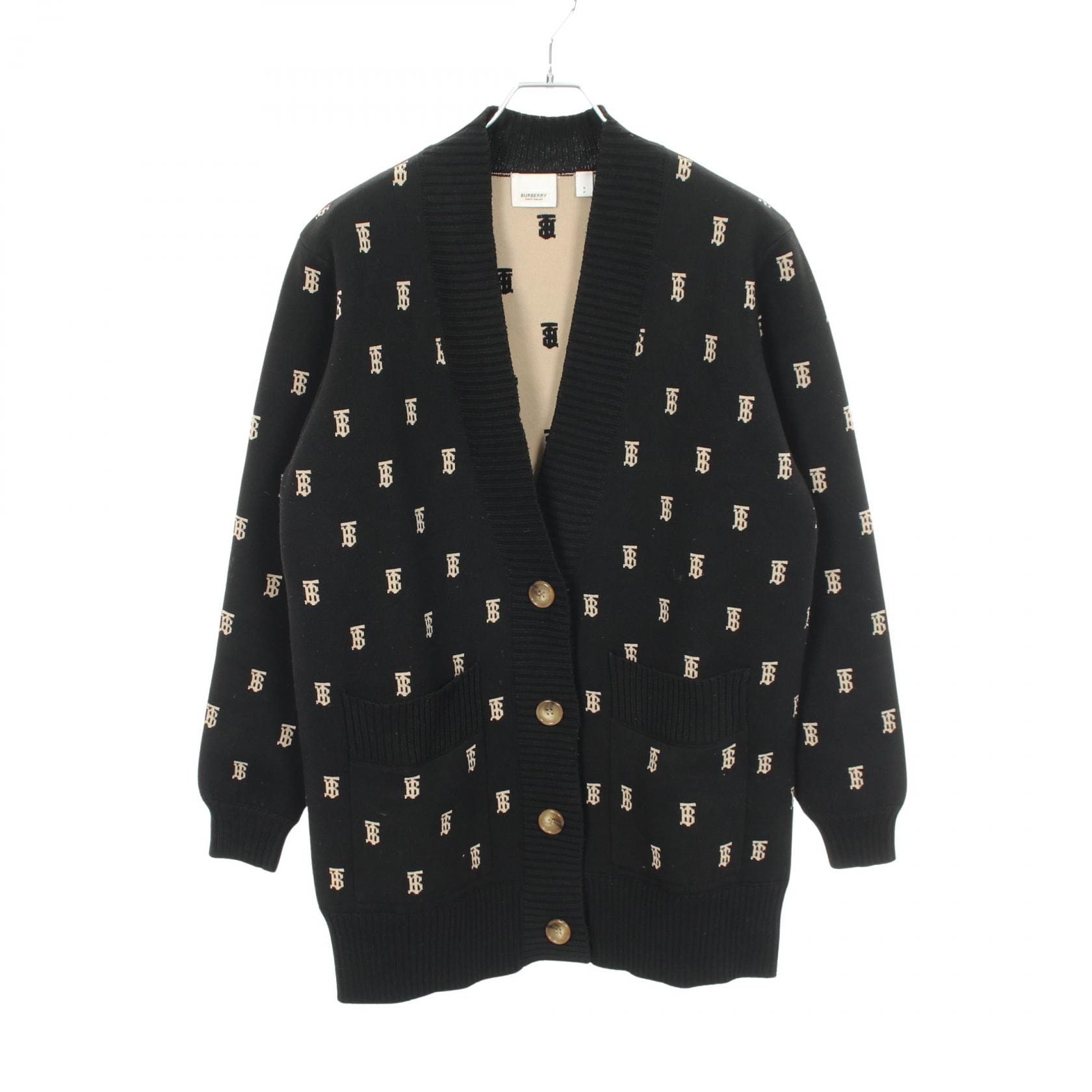 バーバリー BURBERRY TBロゴ Vネック カーディガン 衣料品 トップス S レディース ブラック系 / ベージュ系 8021032 【中古】