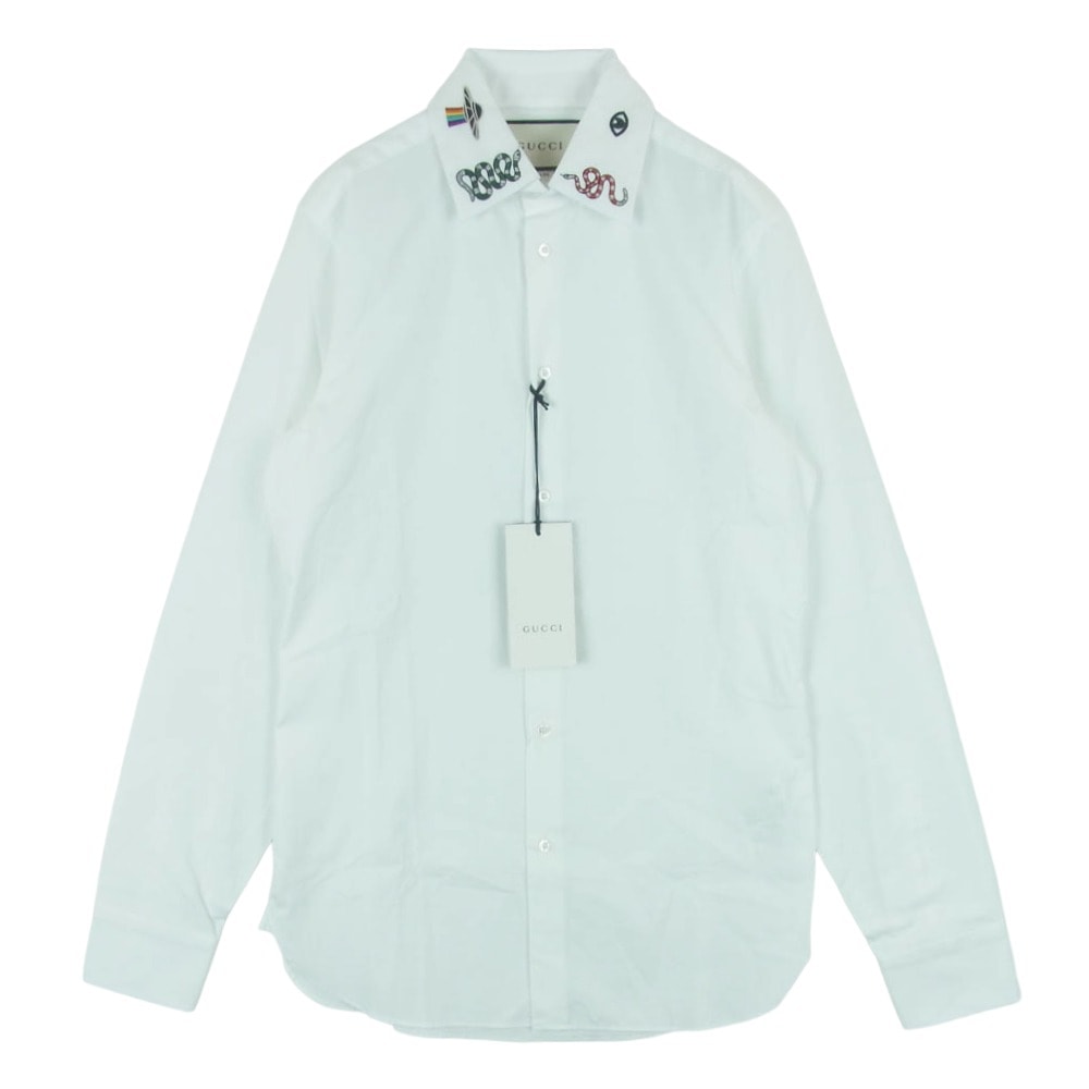 GUCCI グッチ 523500 Z341L イタリア製 シンボルズ マルチエンブロイダリー 長袖 シャツ ドレスシャツ ホワイト系 14.5【極上美品】【中古】